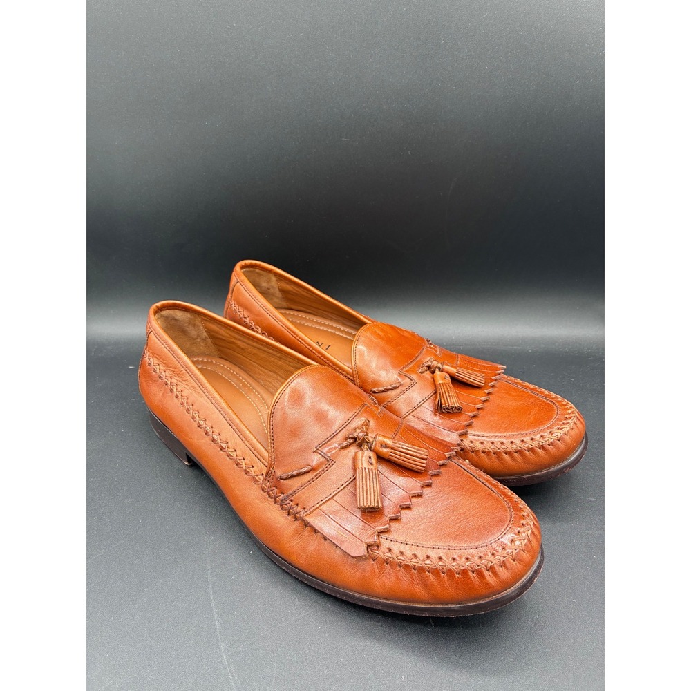 Domani Mens 13M Cognac Leather Kiltie Tassel Loafers‎ Whipstitch Dress Shoe